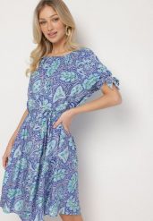 Niebieska Sukienka z Bawełny z Okrągłym Dekoltem i Wiązaniem w Pasie Tosaria. Niebieskie sukienki damskie Born2be, bez wzorów, z bawełny, eleganckie, bez ramiączek. Za 89.99 zł.
