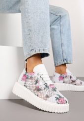 Biało-Różowe Sneakersy Vices na Platformie z Ażurową Cholewką Lumerise. Białe obuwie sportowe damskie Renee, bez zapięcia. Za 99.99 zł.