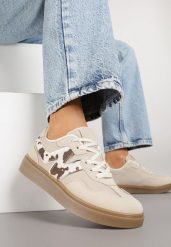 Beżowe Sneakersy z Geometrycznym Wzorem w Krowie Łaty Nariale. Brązowe obuwie sportowe damskie Born2be, na lato, z jeansu, bez zapięcia. Za 89.99 zł.
