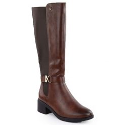 Kozaki damskie brązowe eVento 25KZ02-9430. Brązowe kozaki damskie eVento, ze skóry ekologicznej, bez obcasa, bez zapięcia. Za 229.99 zł.
