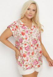 Różowa Bluzka w Kwiaty z Dekoltem V z Wiskozą Odalisa. Czerwone bluzki damskie Born2be, l, bez wzorów, z jeansu, eleganckie, bez kołnierzyka, plus size, bez ramiączek. Za 44.99 zł.