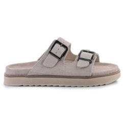 Klapki D.Franklin Nordic Sandal Buckle DFSH405001-FBEI beżowy. Brązowe klapki damskie bez wzorów, bez obcasa, bez zapięcia. Za 360.01 zł.