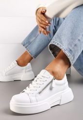 Białe Skórzane Sneakersy na Platformie z Ozdobnym Suwakiem z Boku Leomiana. Białe obuwie sportowe damskie Renee, bez zapięcia. Za 89.99 zł.