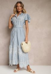 Niebieska Rozkloszowana Sukienka w Stylu Boho z Paskiem Zdobiona Haftem Falbanami Vallsara. Niebieskie sukienki damskie Renee, z aplikacjami, boho, bez ramiączek. W wyprzedaży za 151.99 zł.