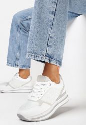 Białe Sneakersy na Grubej Podeszwie Zdobione Brokatem i Metaliczną Wstawką Seravi. Białe obuwie sportowe damskie Born2be, bez zapięcia. Za 99.99 zł.