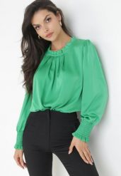 Zielona Bluzka z Wiskozy ze Stójką i Bufiastymi Rękawami Acanthielle. Zielone bluzki damskie Born2be, s, bez wzorów, z wiskozy, bez kołnierzyka, bez ramiączek. Za 29.99 zł.