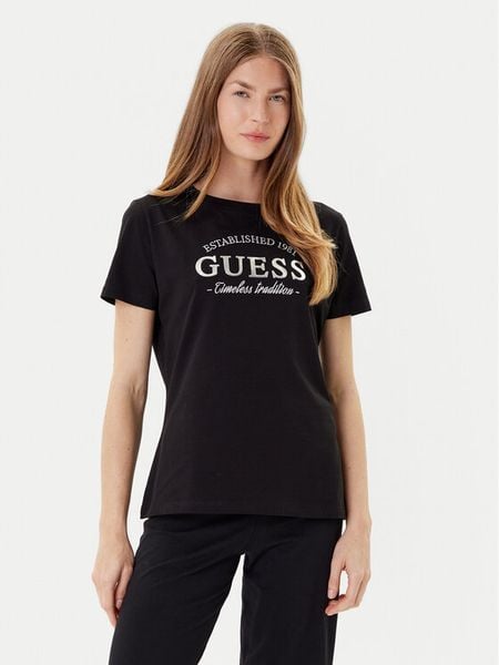 Guess T-Shirt V5YI12 J1314 Czarny Regular Fit. Czarne t-shirty damskie Guess, s, z aplikacjami, z bawełny, bez kołnierzyka. Za 89.99 zł.