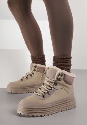 Ciemnobeżowe Sneakersy na Grubej Podeszwie z Futerkiem Alweda. Brązowe obuwie sportowe damskie Born2be, z jeansu, bez zapięcia. Za 109.99 zł.