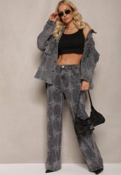 Ciemnoszare Jeansy z Bawełny High Waist Szerokie w Abstrakcyjny Wzór Orithiia. Szare jeansy damskie Renee, z podwyższonym stanem. Za 129.99 zł.