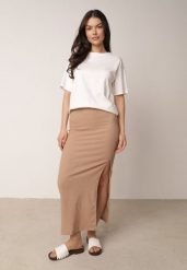 Ciemnobeżowa Prosta Spódnica z Rozcięciem z Boku ze Strukturalnej Tkaniny Orinelin. Brązowe spódnice damskie Born2be, do pracy, m, bez wzorów, z tkaniny, biznesowe, maxi. Za 39.99 zł.