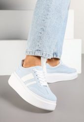 Niebieskie Sneakersy Kultowe Tenisówki na Platformie z Koturnem Elisara. Niebieskie obuwie sportowe damskie Born2be, bez wzorów, z jeansu, bez zapięcia. Za 119.99 zł.