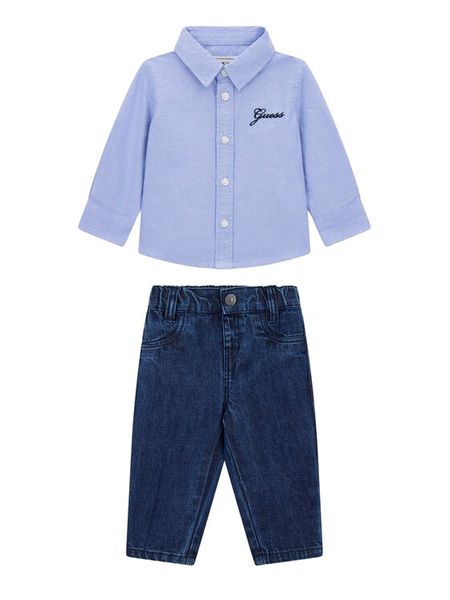 Guess Komplet koszula i spodnie materiałowe I6RG03 W9CL0 Niebieski Regular Fit. Niebieskie koszule chłopięce Guess, z aplikacjami, z bawełny, bez kołnierzyka, bez ramiączek. Za 299.99 zł.