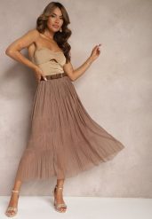 Jasnobrązowa Rozkloszowana Spódnica z Tiulu Wykończona Gumką w Pasie Risshara. Brązowe spódnice damskie Renee, na co dzień, l, bez wzorów, z tiulu, eleganckie, midi. Za 49.99 zł.