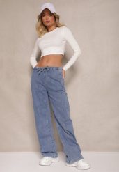 Niebieskie Jeansy High Waist z Szeroką Nogawką i Gumką w Talii Norvila. Niebieskie jeansy damskie Renee, z aplikacjami, z gumy. Za 119.99 zł.