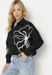 Czarna Bawełniana Koszula z Kwiatowymi Aplikacjami Talreina. Czarne koszule damskie Born2be, s, z aplikacjami, z bawełny, eleganckie, bez kołnierzyka, bez ramiączek. Za 84.99 zł.