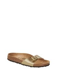 Birkenstock Klapki "Madrid" w kolorze złotym rozmiar: 37. Żółte klapki damskie Birkenstock, bez wzorów, z otwartym noskiem, bez obcasa, bez zapięcia. Za 202.45 zł.