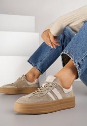 Ciemnobeżowe Zamszowe Sneakersy na Grubej Podeszwie z Paskami i Skórzaną Wkładką Felenne. Brązowe obuwie sportowe damskie Born2be, z jeansu, bez zapięcia. Za 189.99 zł.