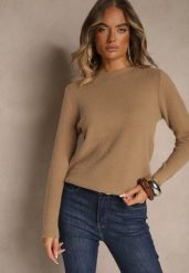 Ciemnobeżowy Sweter z Wełną ze Ściągaczami Furrive. Brązowe swetry klasyczne damskie Renee, z jeansu, bez kołnierzyka. Za 59.99 zł.