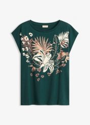 Koszulka z czystej bawełny organicznej. Zielone bluzki damskie bonprix, bez wzorów, z bawełny, eleganckie, bez kołnierzyka, bez ramiączek. Za 52.99 zł.