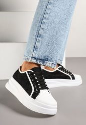 Czarno-Białe Koronkowe Sneakersy na Grubej Podeszwie Falinira. Czarne obuwie sportowe damskie Born2be, z jeansu, bez zapięcia. Za 74.99 zł.