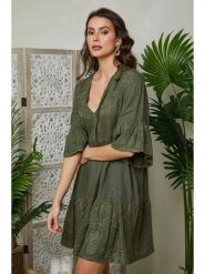 Lin Passion Lniana sukienka w kolorze khaki rozmiar: 40/42. Brązowe sukienki damskie Lin Passion, bez wzorów, ze lnu, klasyczne, bez ramiączek. Za 220.45 zł.