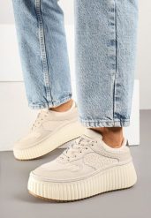 Beżowe Skórzane Sneakersy na Grubej Podeszwie z Tłoczeniami Foiriva. Brązowe obuwie sportowe damskie Born2be, z jeansu, bez zapięcia. Za 169.99 zł.