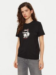 KARL LAGERFELD T-Shirt A1W17128 Czarny Regular Fit. Czarne t-shirty damskie KARL LAGERFELD, xs, bez wzorów, z bawełny, bez kołnierzyka. Za 219.99 zł.