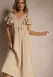 Beżowa Rozkloszowana Sukienka z Bawełny Zdobiona Falbanami Silonia. Brązowe sukienki damskie Renee, z aplikacjami, z bawełny, eleganckie, bez ramiączek. Za 149.99 zł.