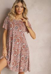 Pomarańczowa Krótka Sukienka w Stylu Boho z Elastycznej Wiskozy z Krótkimi Rękawami Ailoni. Brązowe sukienki damskie Renee, bez wzorów, z wiskozy, boho, bez ramiączek. W wyprzedaży za 43.99 zł.