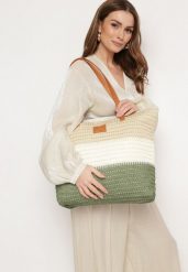 Beżowo-Zielona Torebka Tote w Stylu Boho z Plecionki na Suwak Rin. Zielone shopper bag Born2be, bez wzorów, z jeansu, bez dodatków. Za 39.99 zł.