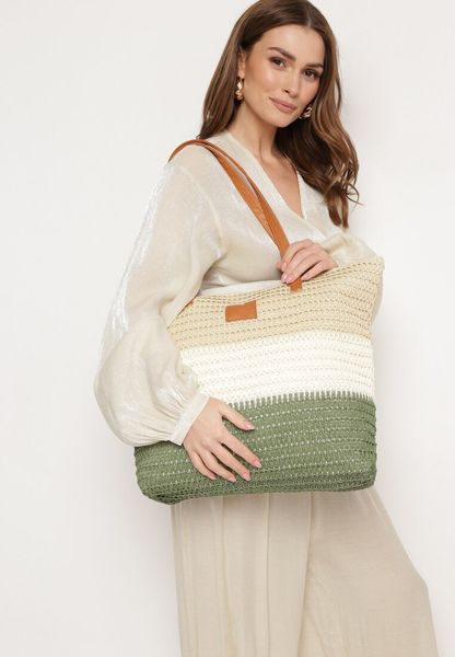 Beżowo-Zielona Torebka Tote w Stylu Boho z Plecionki na Suwak Rin. Zielone shopper bag Born2be, bez wzorów, z jeansu, bez dodatków. Za 49.99 zł.
