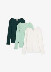 Prążkowana bluzka z dekoltem henley z czystej bawełny organicznej (3 szt. w zestawie). Niebieskie bluzki damskie bonprix, bez wzorów, z bawełny, bez kołnierzyka, bez ramiączek. Za 149.97 zł.