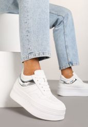 Biało-Srebrne Sneakersy Vices na Platformie z Tłoczonym Napisem ze Sznurowaniem Eanneth. Białe obuwie sportowe damskie Renee, bez zapięcia, trekkingowe. Za 89.99 zł.