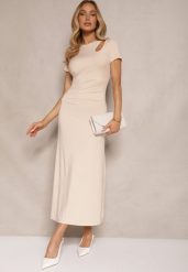 Jasnobeżowa Sukienka Bodycon z Marszczeniem w Talii i Krótkimi Rękawami Aterezza. Brązowe sukienki damskie Renee, bez wzorów, klasyczne, bez ramiączek. W wyprzedaży za 95.99 zł.