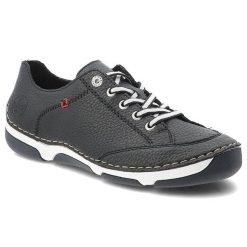 Półbuty damskie Rieker, cholewka ze skóry naturalnej o ziarnistej fakturze z kontrastowym sznurowaniem niebieskie, 55901-14. Niebieskie półbuty damskie Rieker, bez wzorów, ze skóry, bez obcasa, bez zapięcia. Za 349.00 zł.