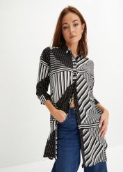 Długa bluzka. Czarne bluzki damskie bonprix, bez wzorów, eleganckie, bez kołnierzyka, bez ramiączek. Za 54.99 zł.