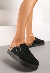 Czarne Klapki Mule w Stylu Chodaków na Grubej Podeszwie z Korka Correlia. Czarne klapki damskie Renee, bez wzorów, bez obcasa, na płaskiej podeszwie, bez zapięcia. Za 39.99 zł.