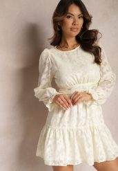 Jasnobeżowa Rozkloszowana Sukienka Mini z Tkaniny Plumeti Marsane. Brązowe sukienki damskie Renee, bez wzorów, z tkaniny, bez ramiączek. W wyprzedaży za 127.99 zł.