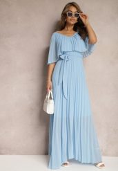 Niebieska Plisowana Sukienka z Gumką w Pasie z Falbaną Przy Dekolcie Drenia. Niebieskie sukienki damskie Renee, bez wzorów, z tkaniny, bez ramiączek. Za 179.99 zł.