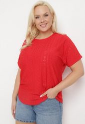 Czerwony T-shirt Koszulka z Krótkim Rękawem o Ażurowym Wykończeniu Meaara. Czerwone bluzki damskie Born2be, plus size, w ażurowe wzory, bez kołnierzyka. Za 34.99 zł.