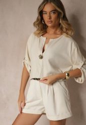 Jasnobeżowa Bluzka Oversize z Lnem i Wiskozą z Ozdobną Aplikacją Miliria. Brązowe bluzki damskie Renee, z aplikacjami, z jeansu, eleganckie, bez kołnierzyka, bez ramiączek. Za 64.99 zł.