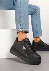 Czarne Sneakersy na Tłoczonej Platformie Zdobione Metaliczną Aplikacją Fidania. Czarne obuwie sportowe damskie Renee, z jeansu, bez zapięcia. Za 79.99 zł.