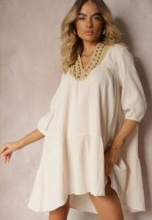Beżowa Rozkloszowana Sukienka Mini Ozdobiona Plecionką Przy Dekolcie Rufta. Brązowe sukienki damskie Renee, bez wzorów, boho, bez ramiączek. W wyprzedaży za 143.99 zł.