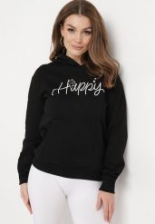 Czarna Bluza z Kapturem Napisem i Kangurkową Kieszenią Adrippa. Czarne bluzy damskie Born2be, l, bez wzorów, z kapturem. Za 79.99 zł.