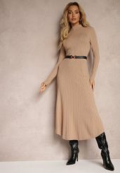 Ciemnobeżowa Dzianinowa Sukienka z Eleganckim Paskiem i Dodatkiem Wełny Nirillia. Brązowe sukienki damskie Renee, z aplikacjami, z dzianiny, eleganckie, bez ramiączek. W wyprzedaży za 135.99 zł.