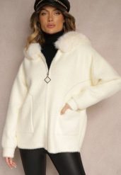 Jasnobeżowa Bluza z Wełną z Kapturem i Kieszeniami Ozdobiona Futerkiem Siliti. Brązowe bluzy damskie Renee, na zimę, l, bez wzorów, z jeansu, z kapturem. Za 159.99 zł.