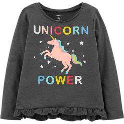 Koszulka w kolorze ciemnoszarym. Szare koszulki i t-shirty dziewczęce Carter's, z nadrukiem, z bawełny, z okrągłym kołnierzem, z długim rękawem. W wyprzedaży za 35.95 zł.
