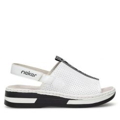 Sandały Rieker. Białe sandały damskie Rieker, bez wzorów, bez obcasa, na płaskiej podeszwie, bez zapięcia. Za 299.99 zł.