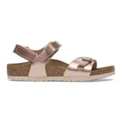 Sandały Birkenstock Rio As 1029530 złoty. Żółte sandały damskie bez wzorów, z materiału, z otwartym noskiem, bez obcasa, bez zapięcia. Za 499.71 zł.