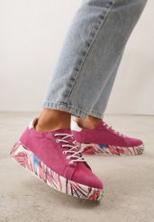 Fuksjowe Skórzane Sneakersy na Plaformie w Pióra z Perforacją Tidessa. Czerwone obuwie sportowe damskie Renee, z jeansu, bez zapięcia. Za 179.99 zł.